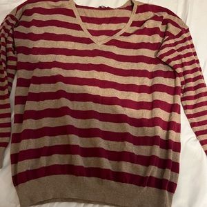 Chic Striped V-Neck Sweater - Burgundy and Beige